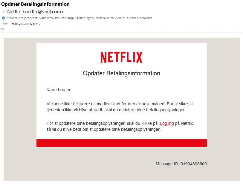 Falsk email udgiver sig for Netflix. Foto: Facebook