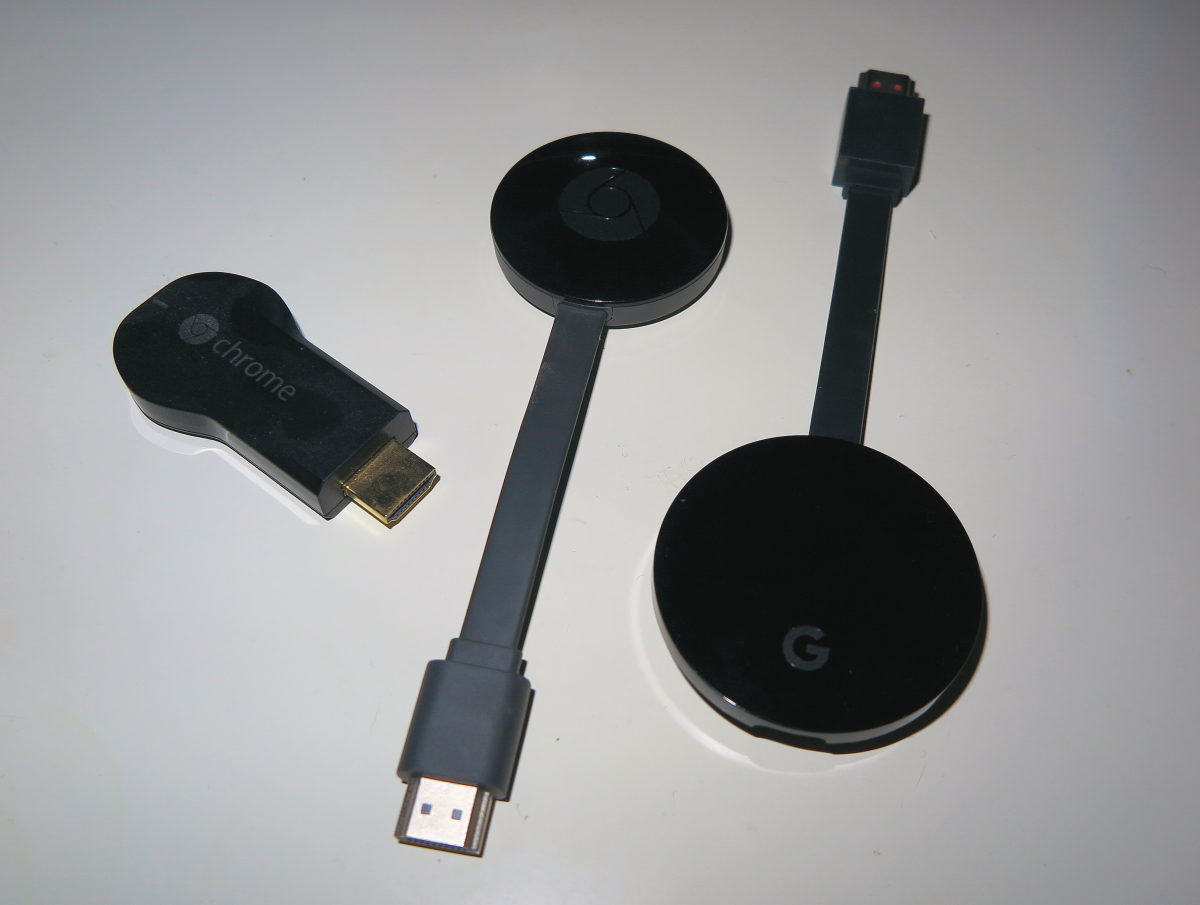 Familiebillede. Chromecast 1, 2 og Ultra. Foto: recordere.dk