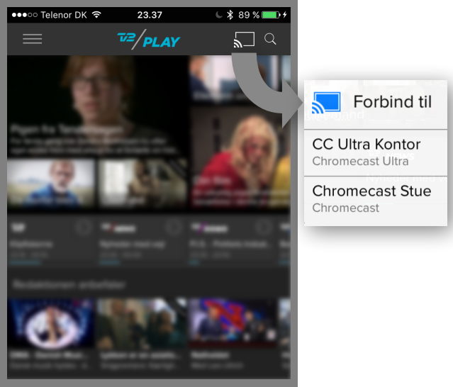 Tryk på Cast-symbolet i streaming-app'en og vælg Chromecast